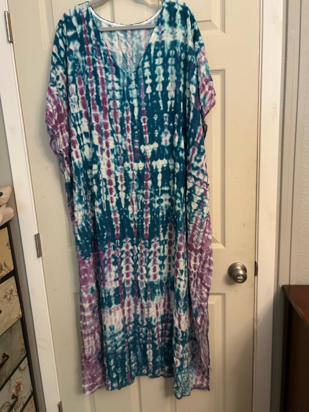 Tie-Dye V-Neck Maxi Caftan Dress in Teal & Purple ****One size fits most***
